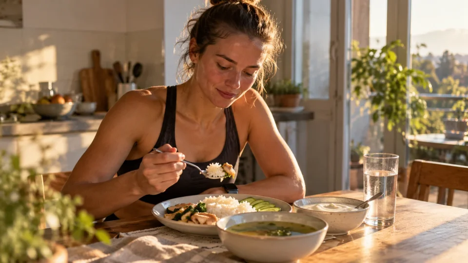 Woman eating a meal post workout