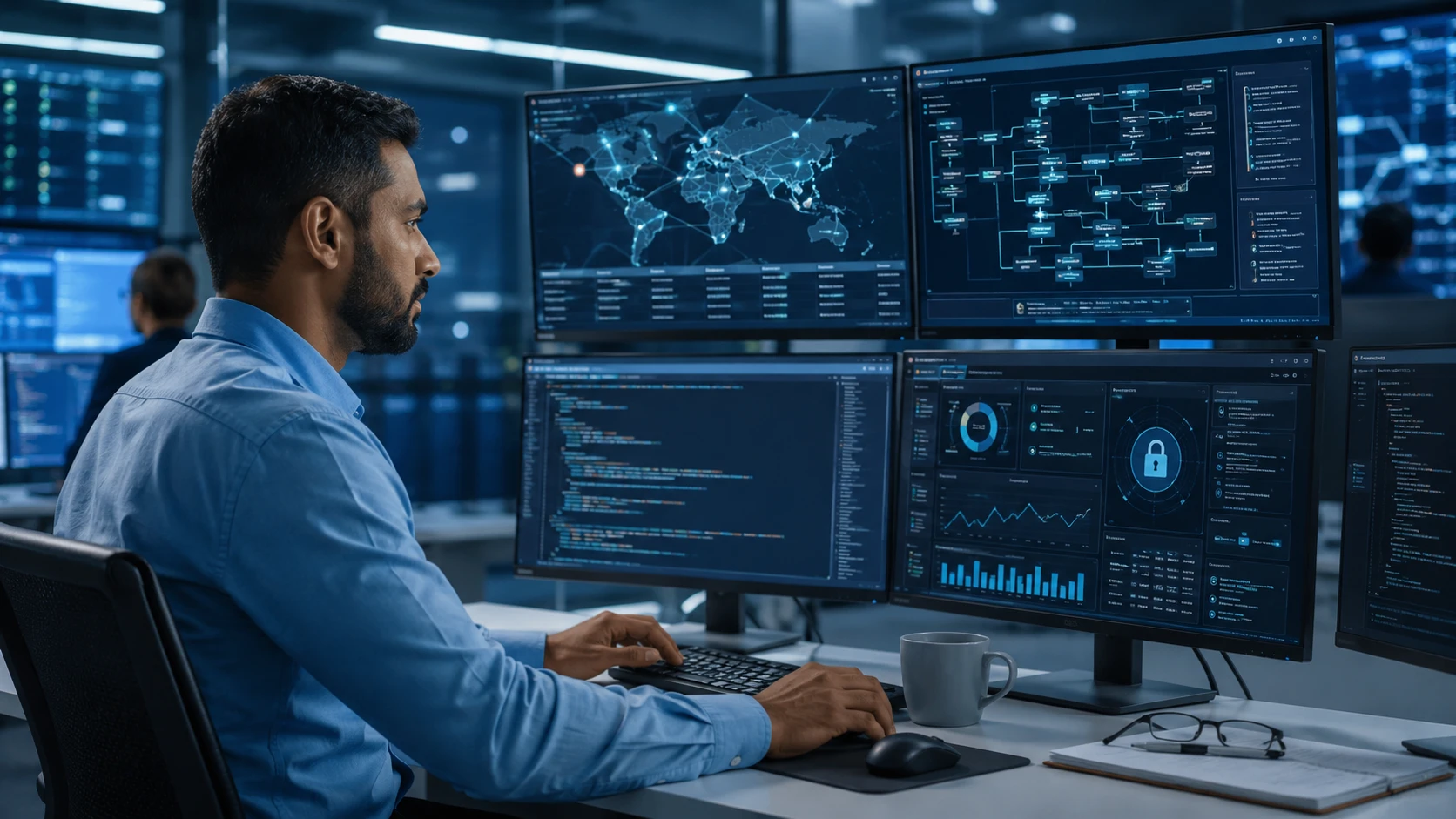 A person focused in the tech operations center