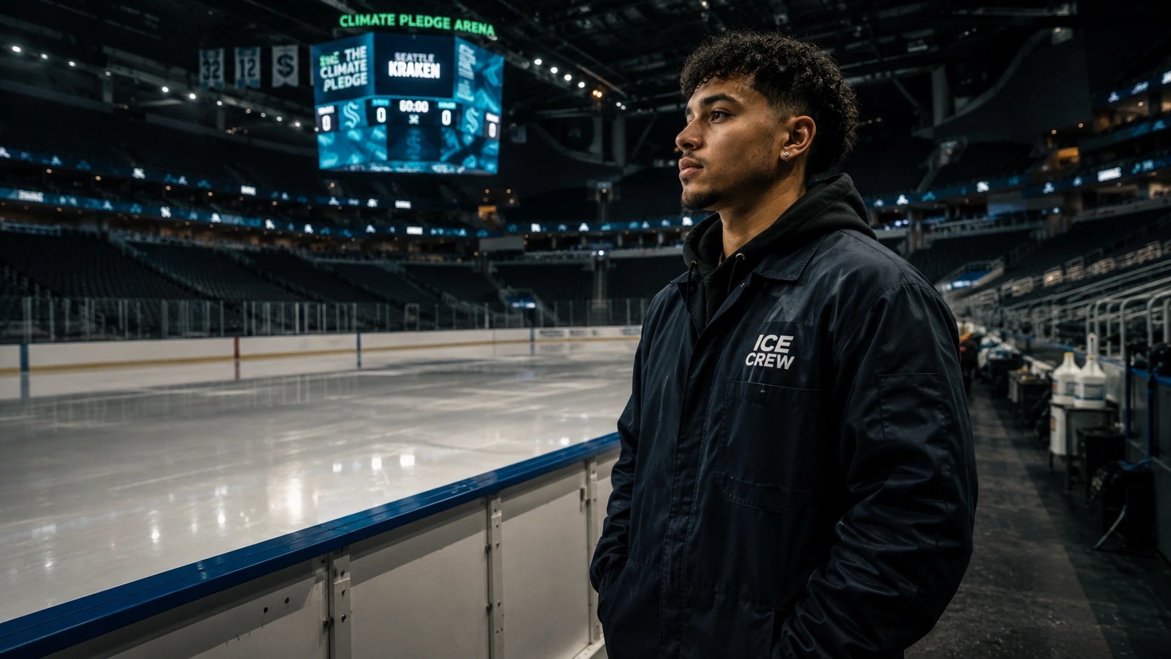 A diverse crew member in work clothes standing at rink's edge