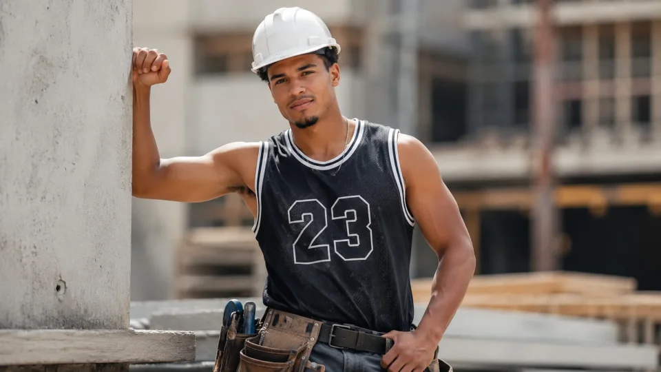 person hard hat and tool belt while wearing a basketball jersey with the number 23
