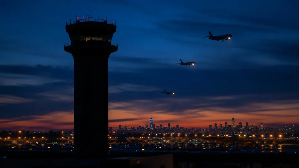 Twilight Airport Cityscape with Descending Planes