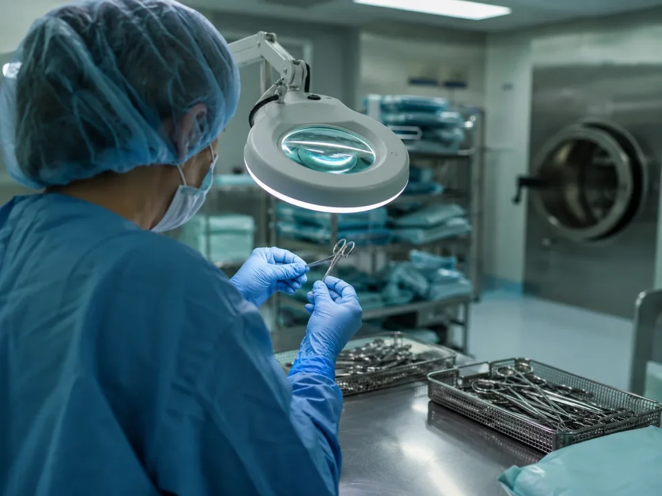 a healthcare worker in blue scrubs