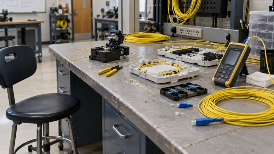 technical training bench with fiber optic tools