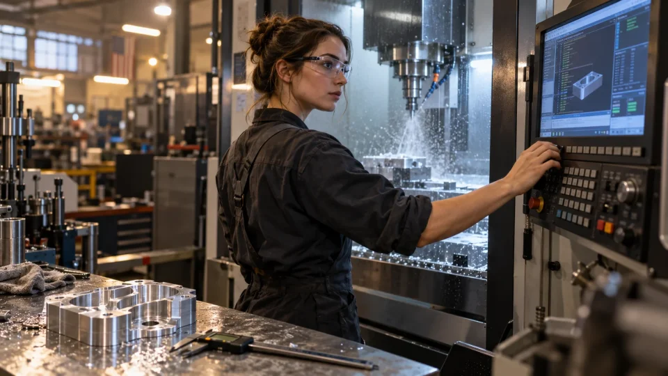 machinist in safety glasses at a modern CNC machining center